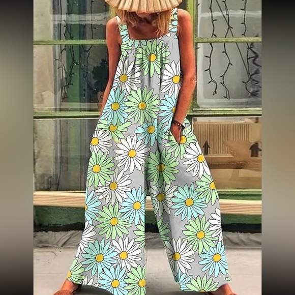 Boho sunflower floral print wide leg cami jumpsuit